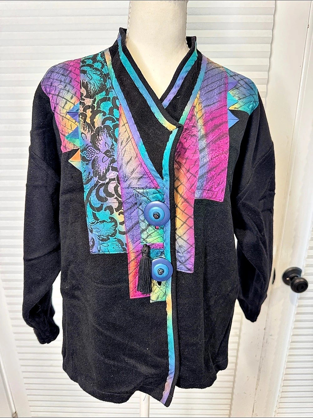 Joyce Feole Abstract Wool Silk Jacket in Black & Blue